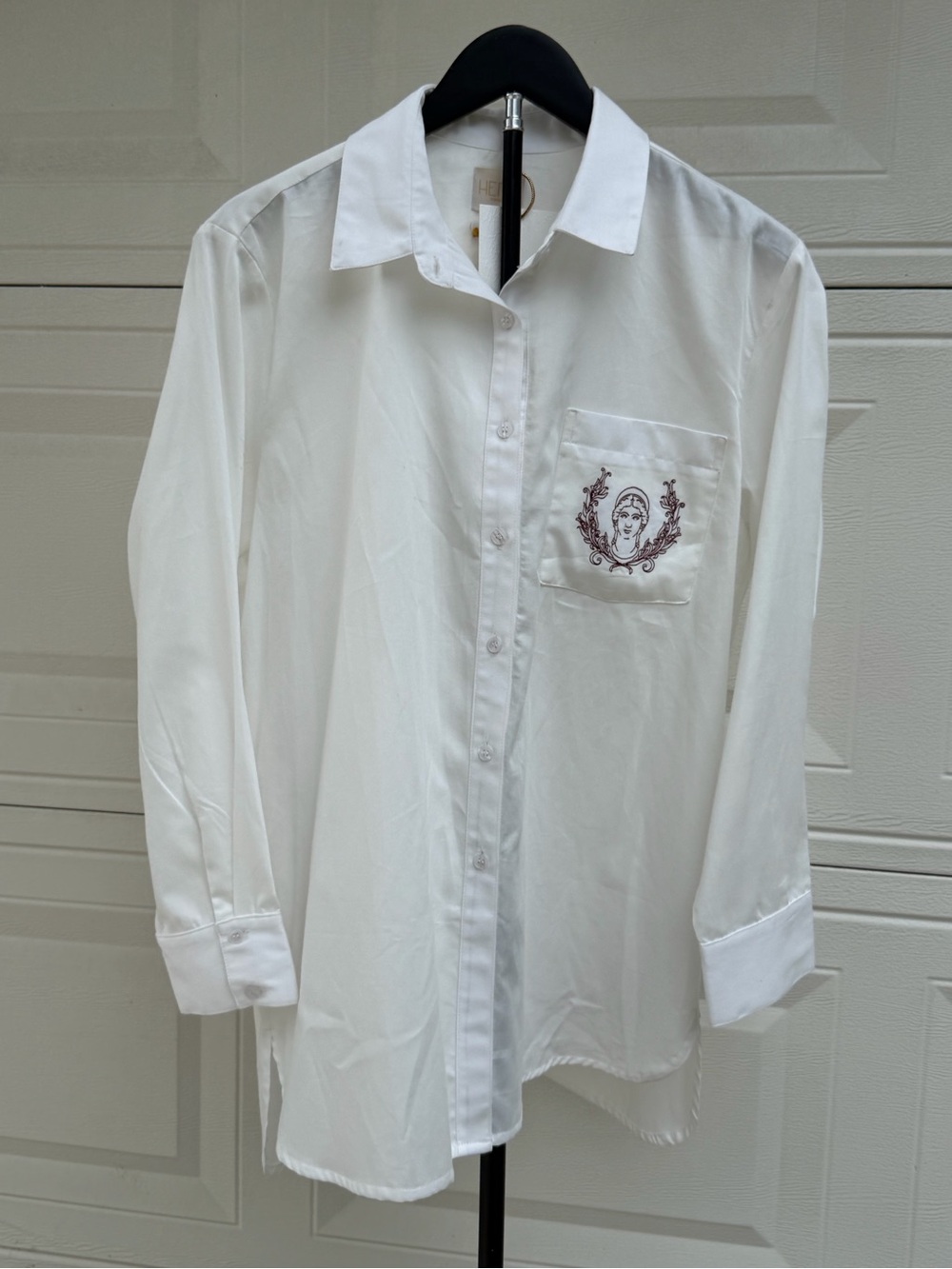 Hara White Organic Cotton Embroidered Goddess Button Down Tunic Shirt L NWT